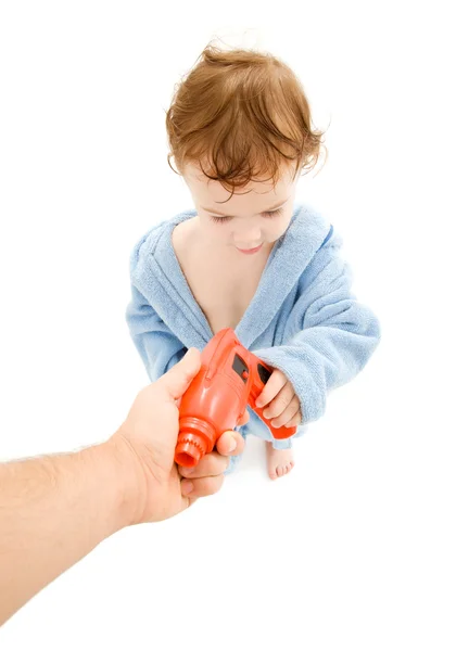 Baby boy with toy drill — Stock Photo, Image