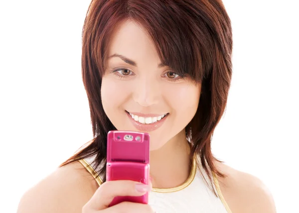 Šťastná žena s mobilní telefon — Stock fotografie