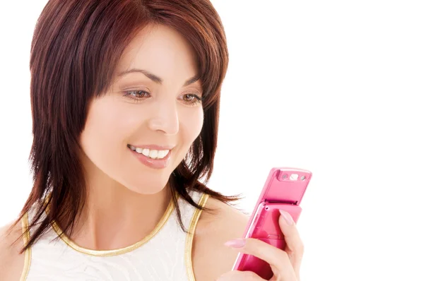 Счастливая женщина с телефоном — стоковое фото