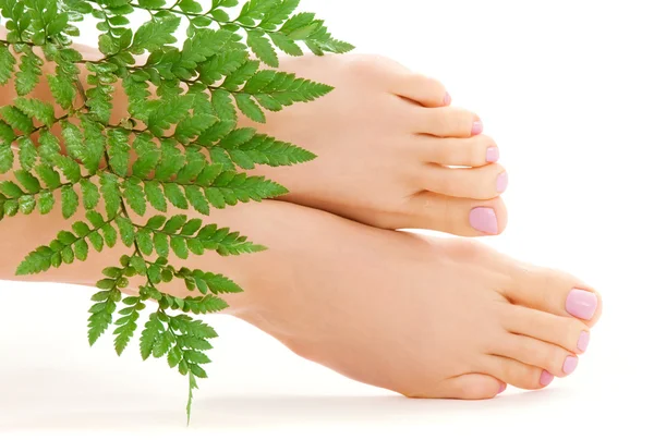 Kadın ayakları ile yaprak yeşil — Stok fotoğraf
