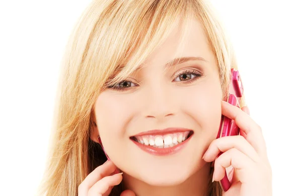 분홍색 전화와 행복 한 여자 — 스톡 사진