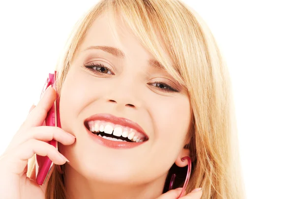 Chica feliz con teléfono rosa — Foto de Stock