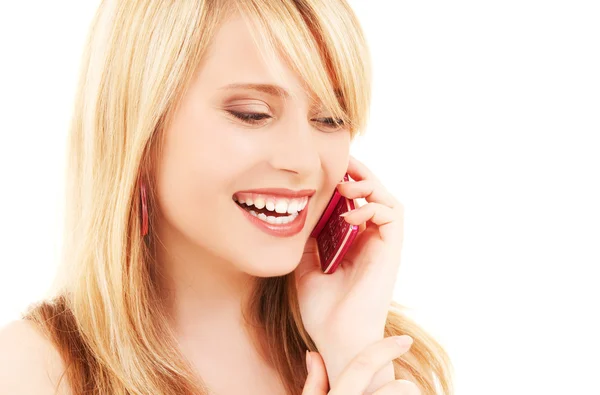 Glad tjej med rosa telefon — Stockfoto