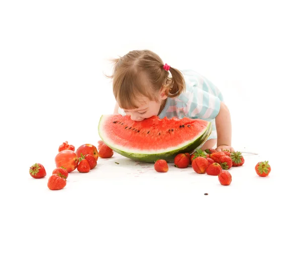 Menina com morango e melancia — Fotografia de Stock