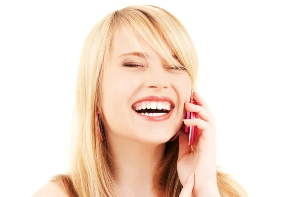 분홍색 전화와 행복 한 여자 — 스톡 사진