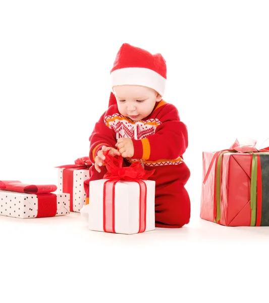 Santa helper baby with christmas gifts — Stock Photo, Image