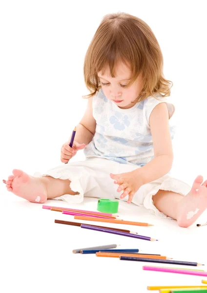 Holčička s barevné tužky — Stock fotografie