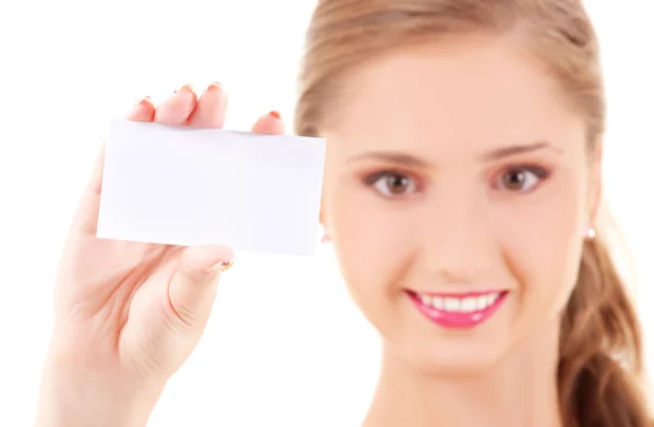Щаслива дівчина з візитною карткою — стокове фото