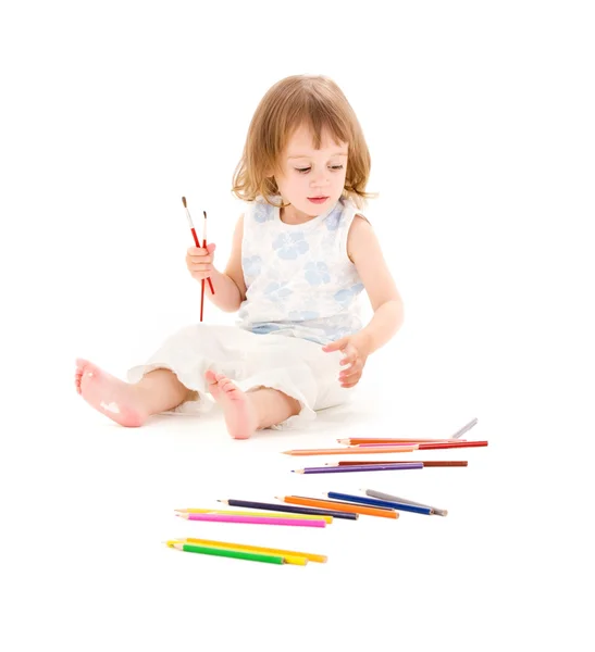 色の鉛筆を持つ少女 — ストック写真