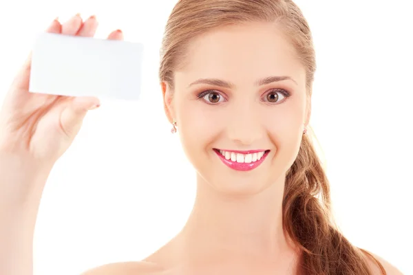 Happy girl with business card — Stock Photo, Image