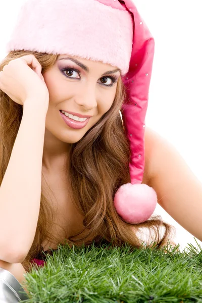 Glad santa helper i rosa hatt — Stockfoto