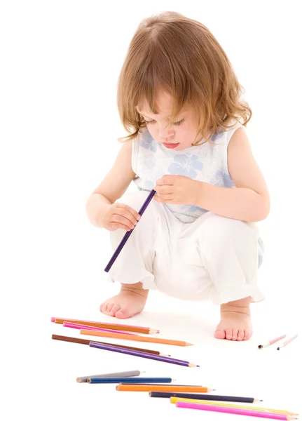 Kislány a színes ceruzák — Stock Fotó