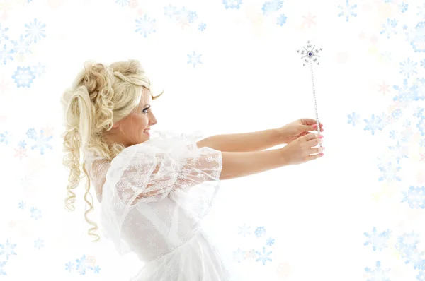 Fada com varinha mágica e flocos de neve — Fotografia de Stock