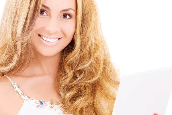 Mujer feliz con ordenador portátil Imagen de stock