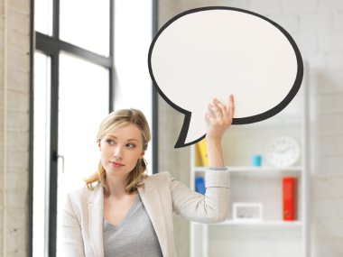 Thinking businesswoman with blank text bubble clipart