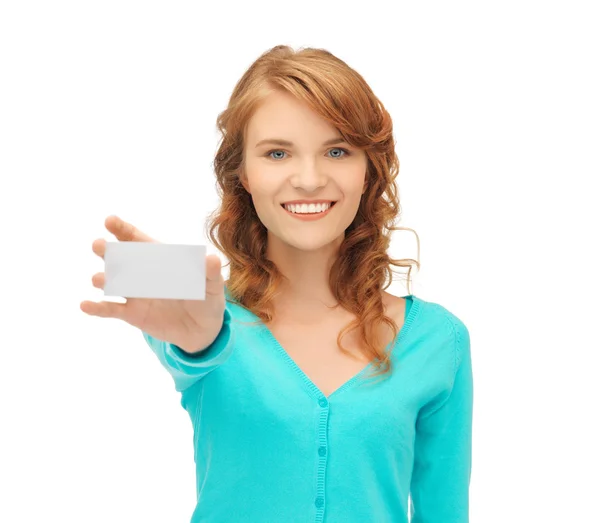 Attractive student with business card — Stock Photo, Image
