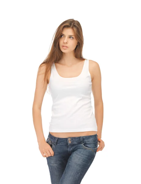 Calm and serious woman in blank white t-shirt — Stock Photo, Image