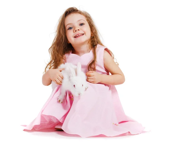 Happy kid och kaninen — Stockfoto