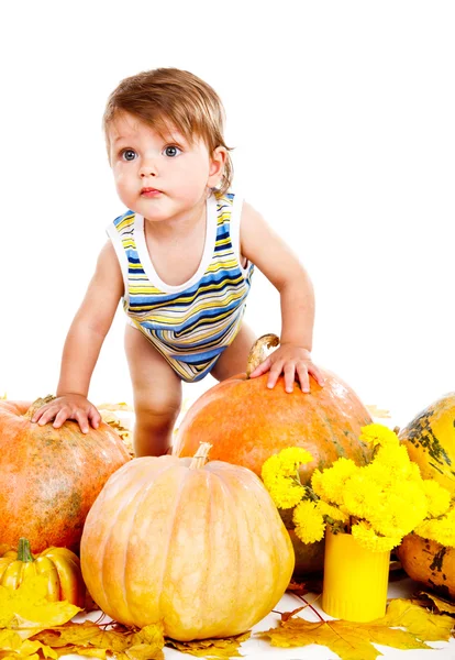 Baby among pumpkins — Stock Photo, Image