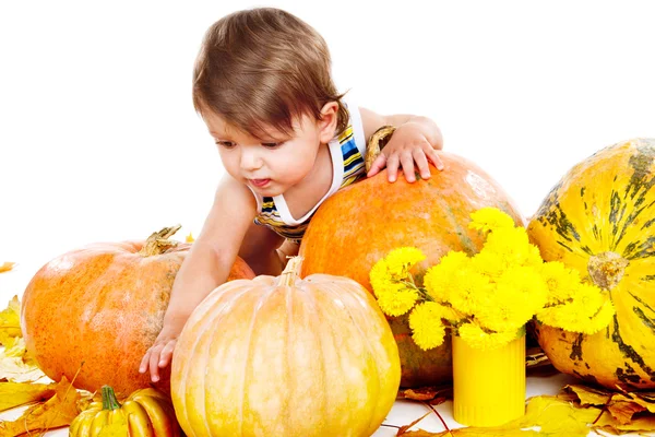 Cute baby among pumpkins — Stock Photo, Image