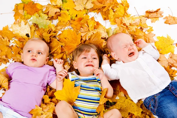 Дети, лежащие на жёлтых листьях — стоковое фото