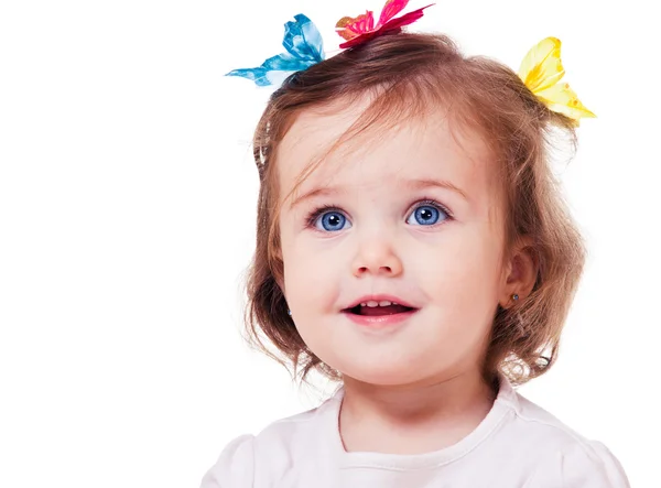 Girl with butterflies on head — Stock Photo, Image