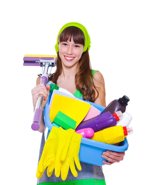 Adolescente com detergentes e esfregona — Fotografia de Stock