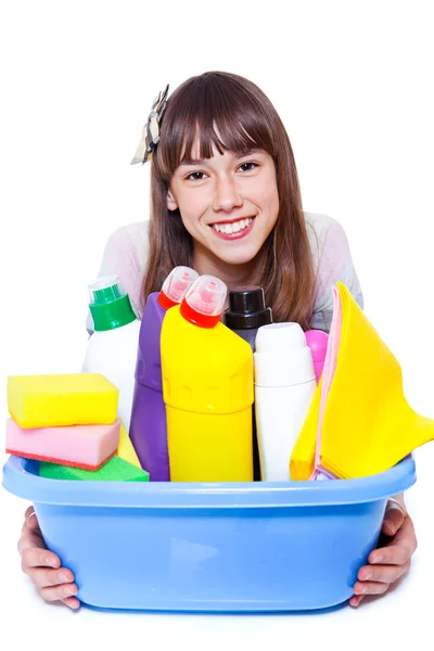 Dívka s čistící prostředky — Stock fotografie