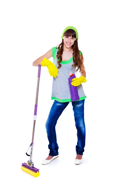 Adolescente com esfregona e limpador — Fotografia de Stock