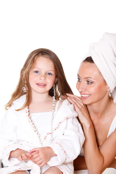 Daughter in bathrobe and her mother — Stock Photo, Image