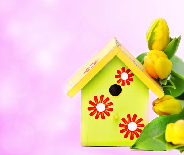 Nestbox i żółte tulipany — Zdjęcie stockowe