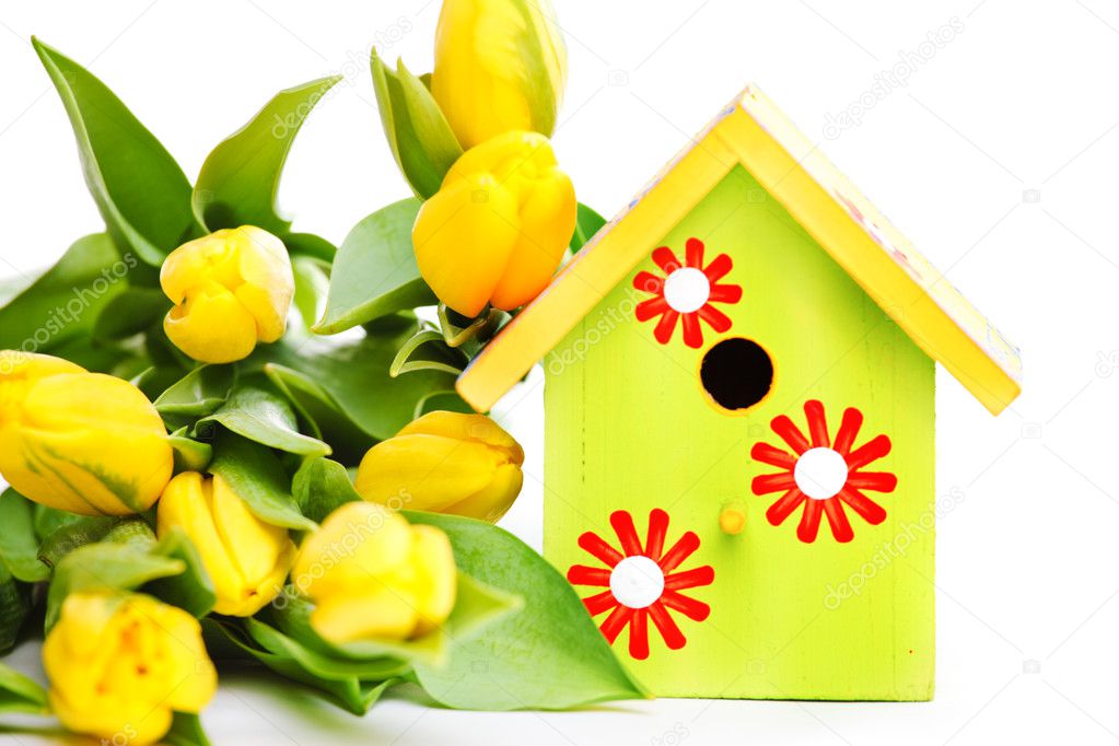 Bird house and yellow flowers