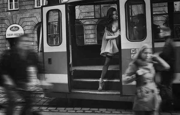 stock image Nude woman in tram