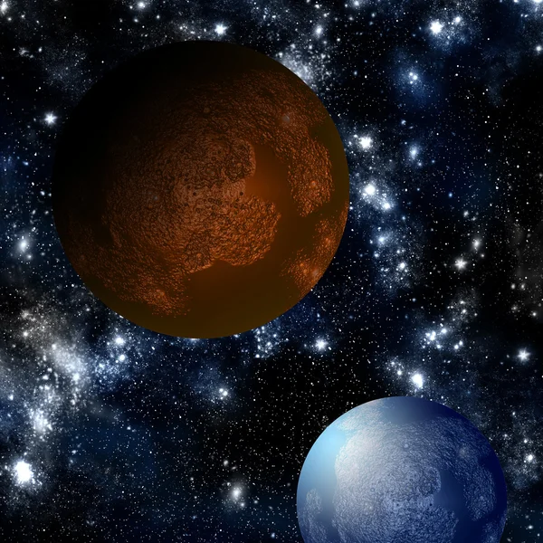 Blå planeten med röd måne — Stockfoto