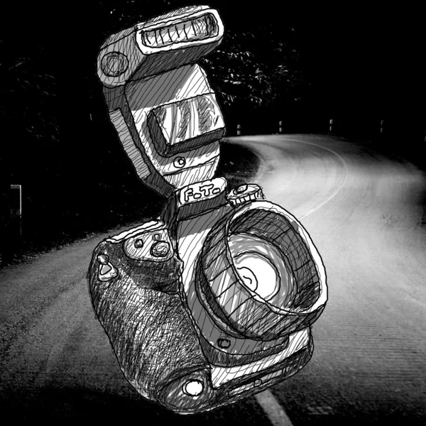 Эскизы цифровых фотоаппаратов SLR с дорожным фоном — стоковое фото
