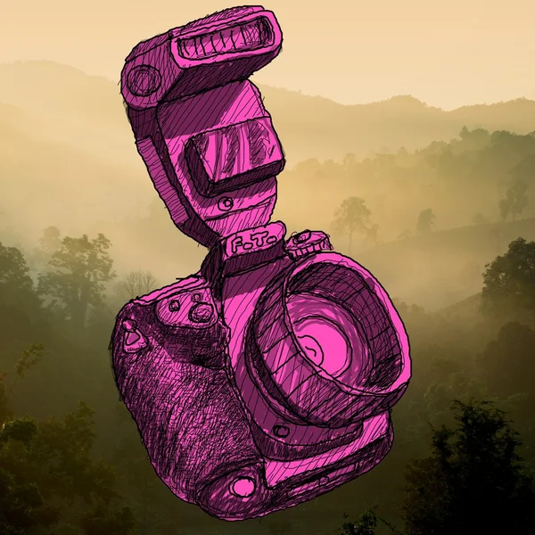 Digital SLR camera sketchs with nice landscape background — Stock Photo, Image