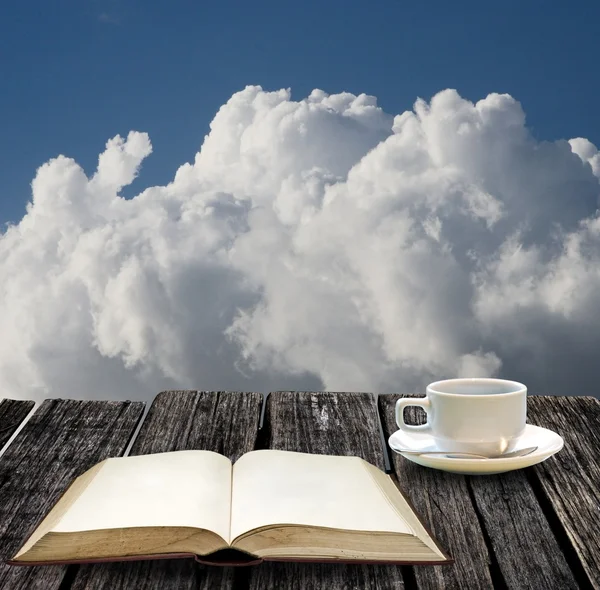 Czytać książki i pić gorącą kawę z ładnym widokiem na najwyższym — Zdjęcie stockowe