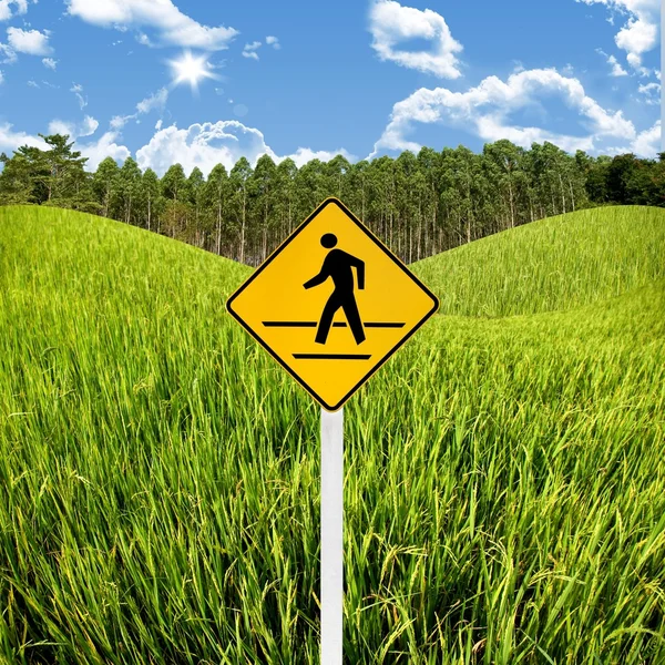 Дорожный знак с ландшафтным фоном, концепция путешествия в сельской местности — стоковое фото