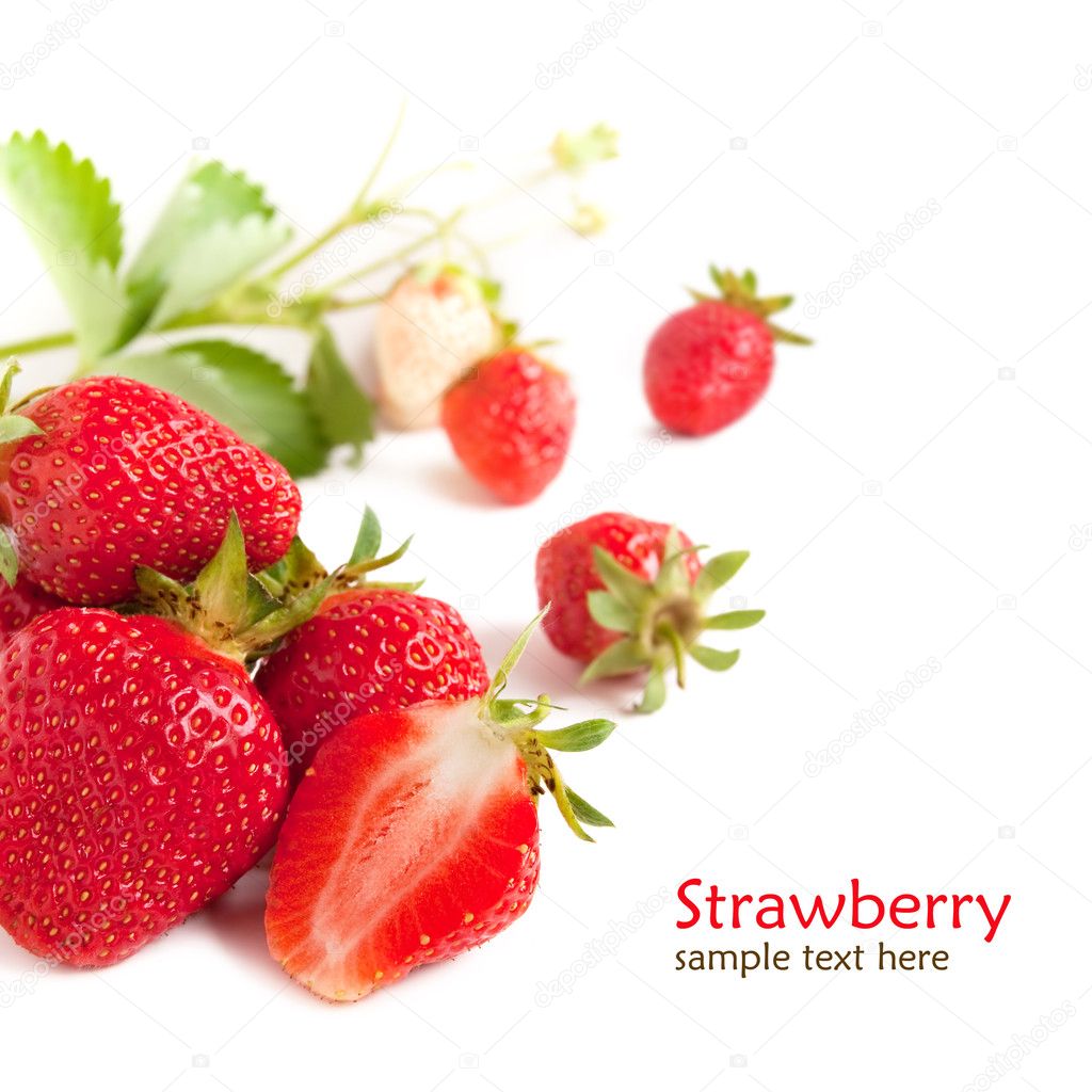 Strawberry berry with green leaf isolated on white background