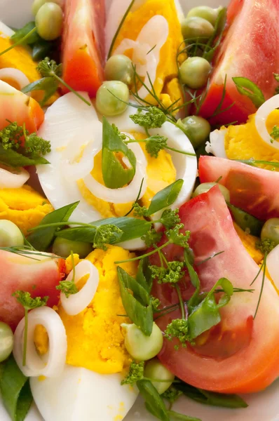 Салат с помидорами, яйцами, зеленым горохом и свежими травами — стоковое фото