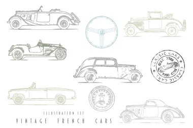 Illustration Set Vintage French cars with stamp design clipart