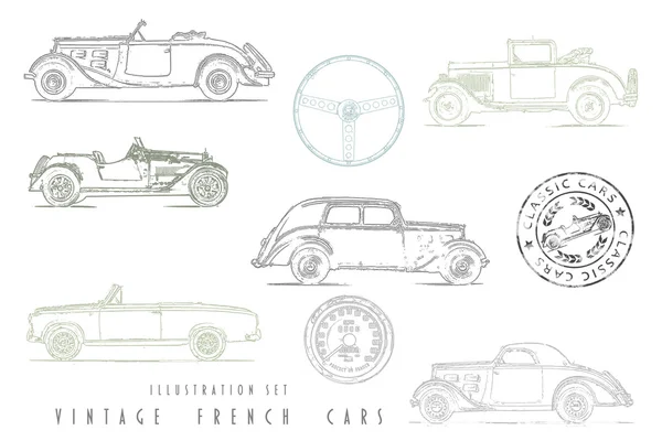 Illustration Set Vintage French cars with stamp design
