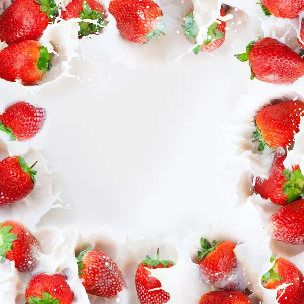 Erdbeeren spritzen in Milchrahmen — Stockfoto
