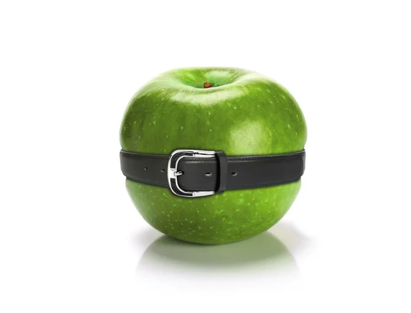 Diet concept-green apple with belt — Stock Photo, Image