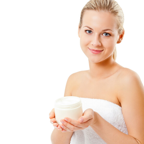 Closeup blond woman portrait holding jar