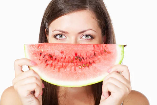 Brunette woman holding watermelon — Stock Photo, Image