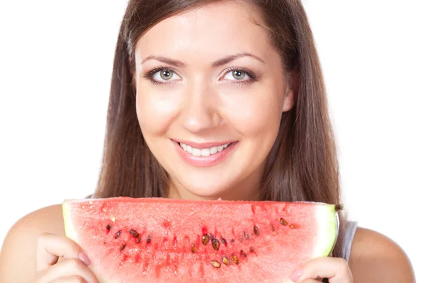 Brunette woman holding watermelon — Stock Photo, Image