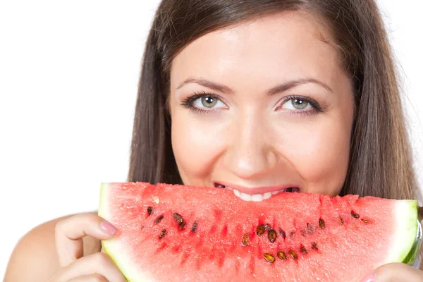Brunette vrouw bedrijf watermeloen — Stockfoto