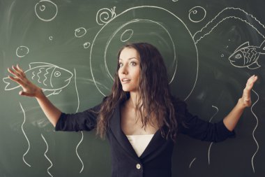 Girl over chalkboard like a diver clipart