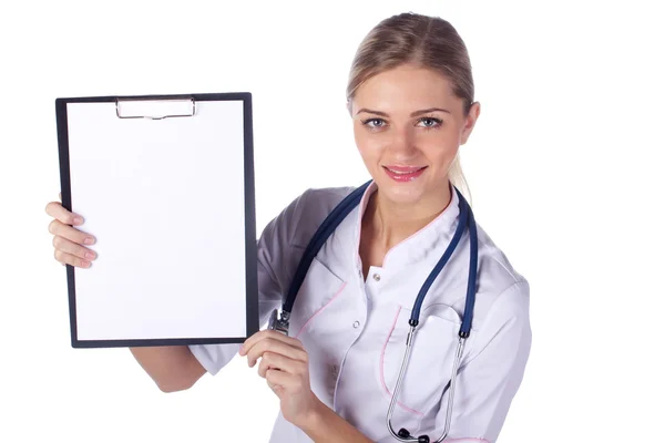 Porträtt av flicka läkare med mapp — Stockfoto
